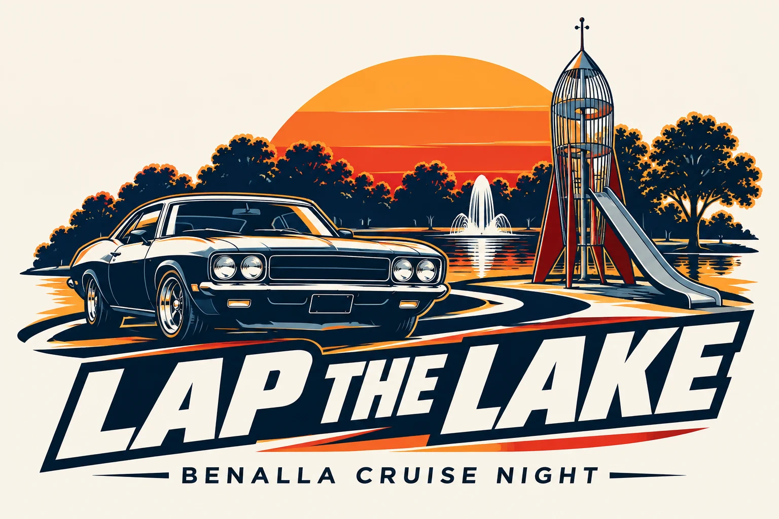 Lap the Lake — Benalla Cruise Night logo: a classic muscle car by the lake at sunset beside the Benalla rocket slide